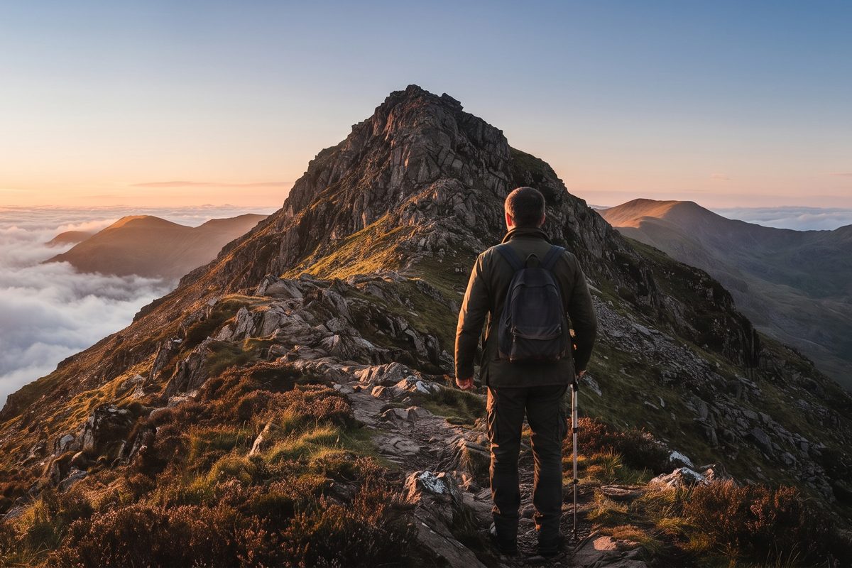 Hiker on a mountain ridge at sunrise