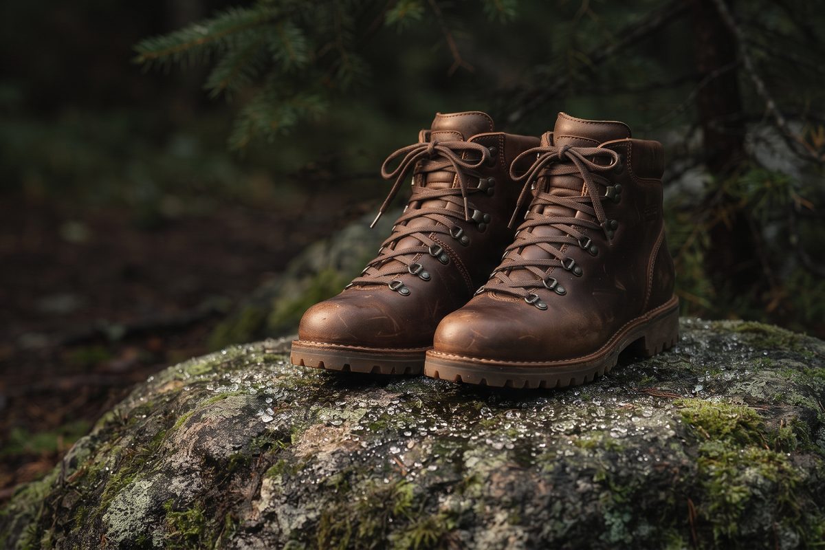 Leather hiking boots on a mossy rock