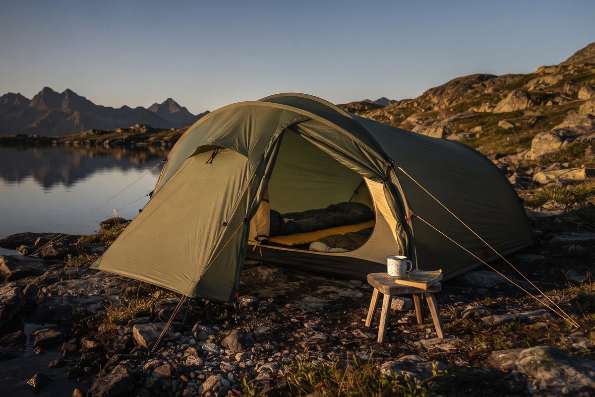 Green tunnel tent on the shore of a mountain lake