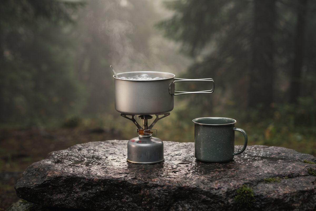 Camping stove boiling water in a titanium pot next to an enamel mug